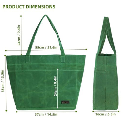 Heavy-Duty 16 oz. Waxed Canvas Zipper Tool Bag with Pockets and Carry Handle - Suitable for Groceries and General - color: Green