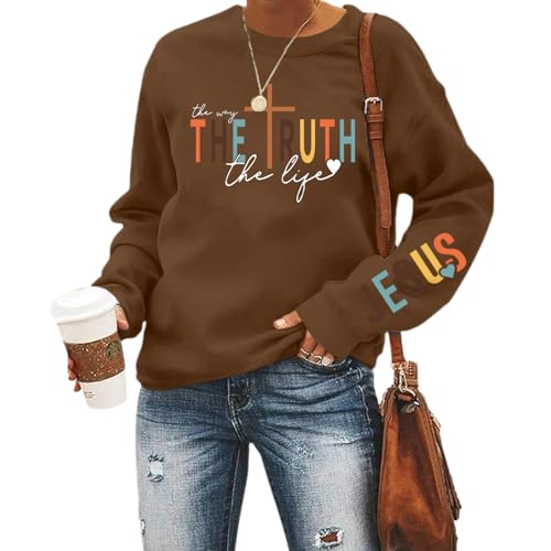 Tuislay Christian Sweatshirt Womens Jesus God Pullover Bible Verse Crewneck Sweatshirts Religious Cross Graphic Shirts - color: Brown, size: Large