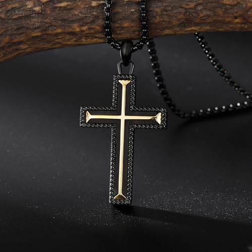 Wooden Cross Necklace for Men With Stainless steel And Black Ebony Adjustable Box Chain 24–26 inches Suitable for Everyday Wear And Christian Gifts for Men - color: Black-B
