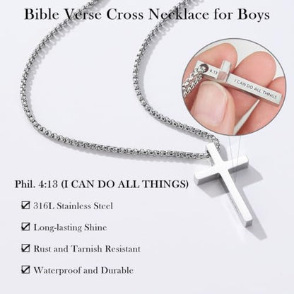 Small Cross Necklace for Boys Baptism Christmas Confirmation Valentines Easter Birthday Gifts to Teens Son Grandson Nephew - color: silver, style: Son-1