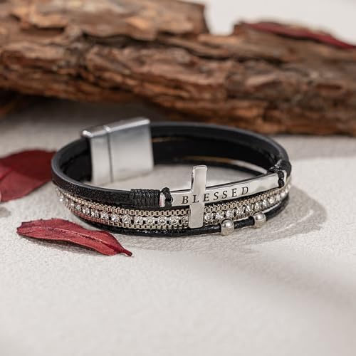 Christian Cross Leather Bracelets Boho Western Blessing Religious Jewelry - color: Black