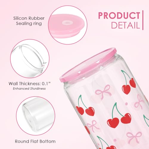 SANDJEST Cherry 16 Oz Can Glass Tumbler with Acrylic Lid and Straw - Iced Coffee Cups for Women, Aesthetic Glass Cup Gift for Birthday Christmas - color: Cherry