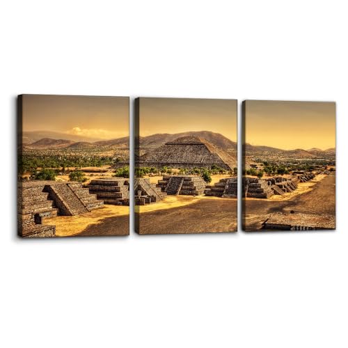 Pacimo 3 Pieces Ancient Mexican Canvas Paintings Aztec Pyramids Pictures Mayan Temple Modern Artwork for Living Room Canvas Wall Art Poster Home Decor Stretch and Framed Ready to Hang - 12"x16"x3 - color: Wallart-07, size: 12"x16"x3 Panels