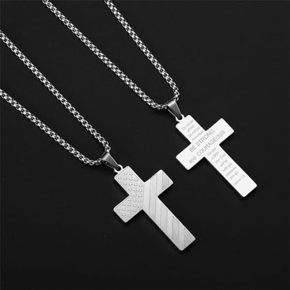 RWQIAN American Flag Cross Necklace for Men Bible Verse, Christian Religious Scriptures Faith Baptism 1st First Communion Pendant Chain for Boys, Fathers Dad Day Graduation Jewelry Gifts for Him - color: Silver, style: Joshua 1:9