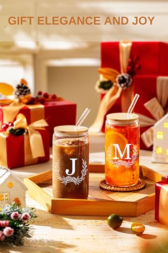 Personalized Gifts for Women, Monogrammed 16oz Glass Cups with Bamboo Lids and Straws, Customized Glass Tumbler, Cute Custom Mug, Customizable Initial Iced Coffee Glasses, Birthday Bridesmaid Mom, J - style: J
