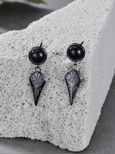 Black Dangle Drop Earrings 925 Sterling Silver Black Onyx Stud Earrings Viking Rune Jewelry Gift for Women Men - color: A05-Crow Skull