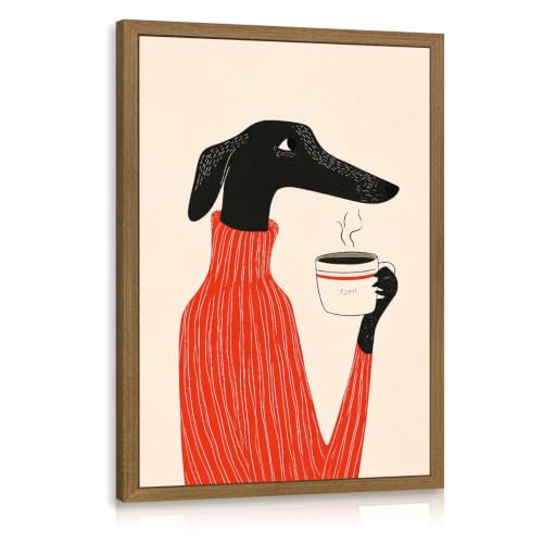 OPFDE Wood Framed Funny Dog Coffee Wall Art, Mid Century Modern Abstract Animal Wall Decor, Minimalist Coffee Bar Poster Print, Cozy Coffee Lover Artwork for Kitchen Living Room Office 12x16 Inch - color: BlackDog, size: 16"L x 12"W