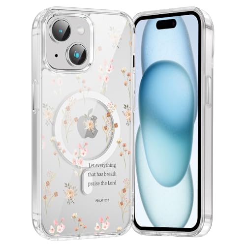 Dried Flower Psalm Bible Verse 150:6 Phone Case for iPhone 15 Plus 6.7'', Christian Scripture Floral Design, Magnetic Clear Shockproof Protective Cover Compatible with MagSafe for Girls Boys - color: Flower, size: for iPhone 15 PLUS