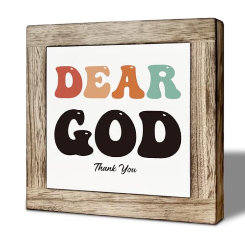 Christian Wooden Desk Decor Wooden Box Sign, Dear God Thank You, Colorful Farmhouse Tabletop Desk Sign, Inspirational Religious Gift for Home Office Decor 5.9x5.9 Inches - color: color09