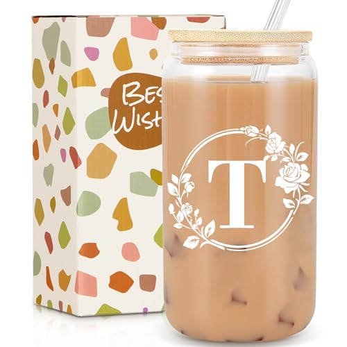 Birthday Gifts for Women, Monogrammed Initial Glass Cup Personalized Gifts for Women, 16oz Glass Cups with Lids and Straws, Iced Coffee Cup, Beer Can Shaped Glass - Gifts for Mothers Day, Christmas, T - style: T