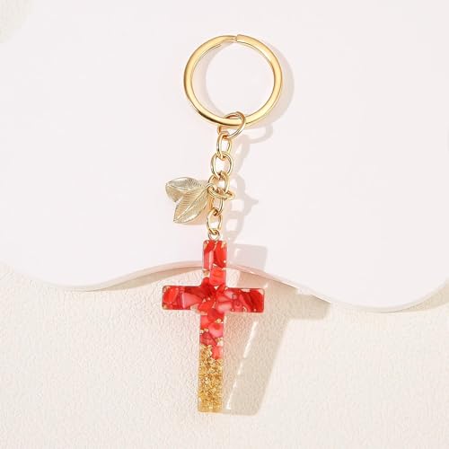 Angyape Cute Christian Cross Keychain for Women Purse Bag Charms Car Key Rings Accessories Flower Design Jesus Faith Gifts - color: H：red