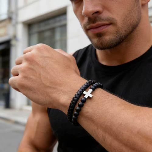 Kim Carrey Italian Handmade Leather Bracelets for Men - color: Silver Cross, size: 8.2"