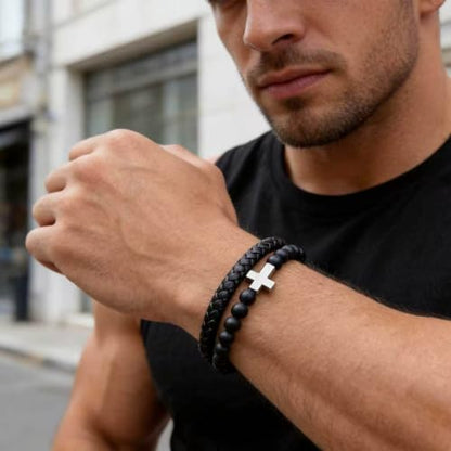 Kim Carrey Italian Handmade Leather Bracelets for Men - color: Silver Cross, size: 8.2"