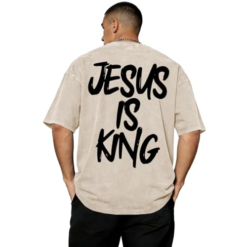 Christian Jesus is King Shirts Men God Religious Faith Bible Verse Tshirts Oversized Vintage Graphic Acid Wash Tees - color: Apricot, size: Medium