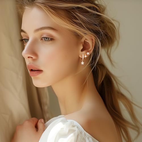 Angelady Gold Hoop Earrings Set for Women, Dainty 14K Gold Plated Flower Moon Cross Dangle Earrings, Hypoallergenic Huggie Hoop Earring Stacks, Stud Earrings for Women Trendy Jewelry Gift - color: Gold1