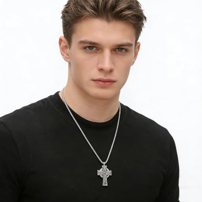 HZMAN Stainless Steel Celtic Cross Necklace for Men Women,Waterproof - color: Silver