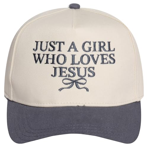 MIRMARU Christian Theme Embroidered 5 Panel Cotton Trucker Hat Snapback Cap for Men and Women - color: Just a Girl Who Loves Jesus, Steel Grey
