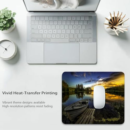 Boat at Lake Shore Mouse Pad, Rustic Bridge Wooden Pier Sunset Desk Mat - color: Boat at Lake