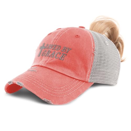 Custom Ponytail Baseball Cap Saved By Grace Jesus Christian Religious - color: Coral Design Only