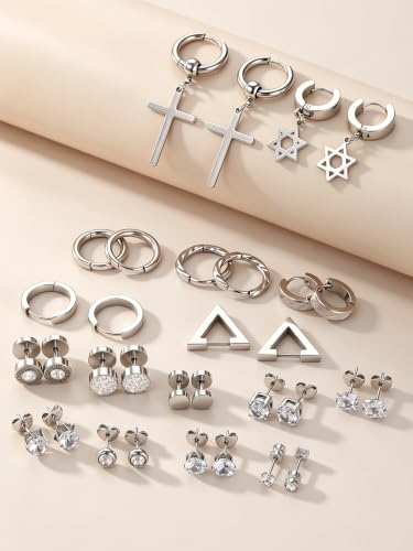 Oveta 16 Pairs 18G 16G Stainless Steel Mens Earrings, Earrings for Men with Studs Hoop Earring Cross Dangle Earrings Hypoallergenic Ear Piercing Jewelry for Men Women, Silver Gold Black - color: Silver