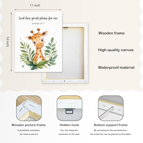 SZERE Woodland Nursery Animals Bible Verse Canvas Wall Art Decor Prints Posters, Cute Baby Giraffe Forest Nursery Room Bedroom Bathroom Playroom Wall Art Decor for Nursery Kids Teen Girls Gifts, Christian Psalm 91 Wall Art Classroom Wall Decor, Canvas Fra