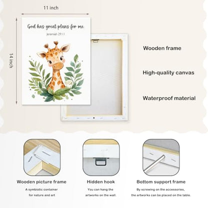 SZERE Woodland Nursery Animals Bible Verse Canvas Wall Art Decor Prints Posters, Cute Baby Giraffe Forest Nursery Room Bedroom Bathroom Playroom Wall Art Decor for Nursery Kids Teen Girls Gifts, Christian Psalm 91 Wall Art Classroom Wall Decor, Canvas Fra