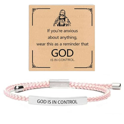 God is in Control Leather Bracelet, Stainless Steel Christian Faith Braided Engraved Bar Bracelets Self Worth Motivation Bracelet Inspirational Friendship Jewelry for Men Women - color: Pink&Silver