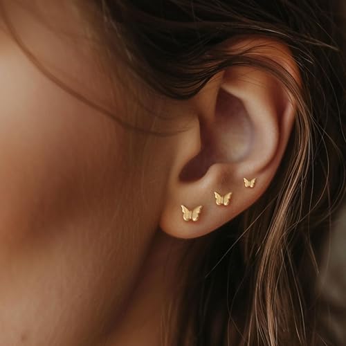 LLWOM 3 Pairs Tiny Flat Back Earrings, Hypoallergenic 14K Real Gold Plated Helix Cartilage Earrings Post Studs Jewelry for Women Gift - color: Gold-Butterfly
