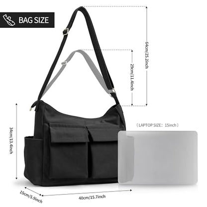 KALIDI Canvas Tote Bag Zipper Large Crossbody Shoulder Bag Messenger Bag - color: Upgraded Black