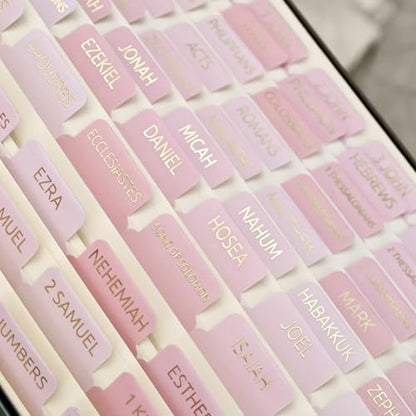 Laminated Bible Tabs for Women and Men, Gold Foil Embossed Lettering - style: Pink