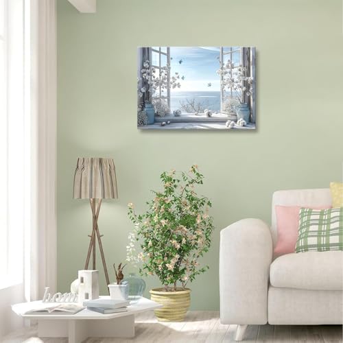 DAXINGJ Blue Coastal Butterfly Window Wall Art, Farmhouse Beach Framed - color: blue window, size: 16"L x 12"W