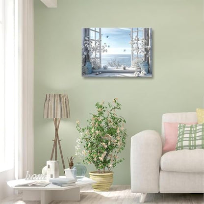 DAXINGJ Blue Coastal Butterfly Window Wall Art, Farmhouse Beach Framed - color: blue window, size: 16"L x 12"W