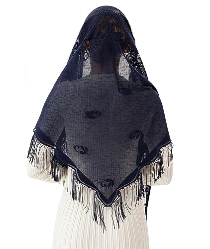 PAMOR Triangle Catholic Church Veil Chapel Veil Scarf Mantilla Veils Wrap Shawl Mass Head Covering with Fringe Trim - color: Navy Blue