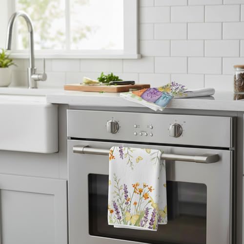 Wildflower Kitchen Towels Set of 4, Butterfly Floral Dish Towels - color: Green Floral