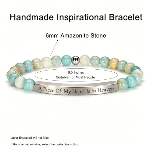 Inspirational Christian Bracelet for Women, 18K Gold Plated Bible Verse Jewelry with Amazonite Beads, Religious Faith Gift for Mom, Daughter, Sister, Friend - color: A piece of my heart is in heaven-Amazonite Silver
