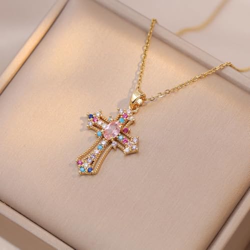 Exquisite Stainless Steel Cross Necklaces,A Perfect Blend of Gothic Style and Christian Faith, Suitable for Men and Women, Fashionable Accessories, Hypoallergenic Material - color: Colorful