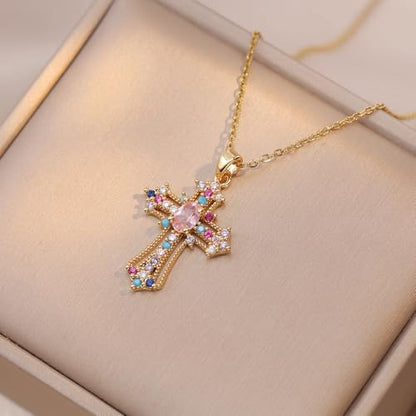 Exquisite Stainless Steel Cross Necklaces,A Perfect Blend of Gothic Style and Christian Faith, Suitable for Men and Women, Fashionable Accessories, Hypoallergenic Material - color: Colorful