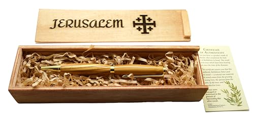 Olive wood from Israel hand turned pen with wooden gift box engraved Jerusalem Cross