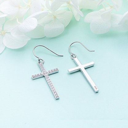 DAOCHONG S925 Sterling Silver Cross CZ Dangle Earrings Classic Jewelry