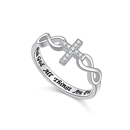 Alphm S925 Sterling Silver Christian Cross Infinity Inspirational Faith Bible Verse Ring for Women Teen Jewelry - size: 6