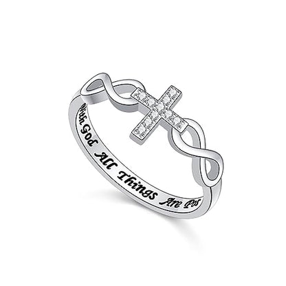 Alphm S925 Sterling Silver Christian Cross Infinity Inspirational Faith Bible Verse Ring for Women Teen Jewelry - size: 7