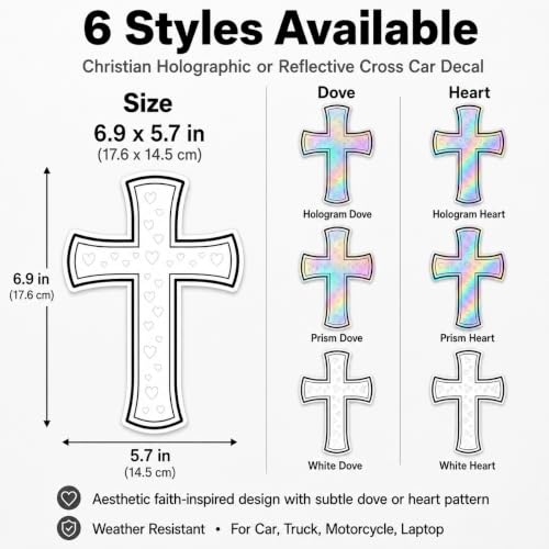 Christian Holographic or Reflective Cross Car Decal, Jesus Cross Vinyl Sticker with Subtle Dove or Heart Pattern, Weather Resistant (Prism Dove - 2 Pack) - color: Prism Dove - 2 Pack