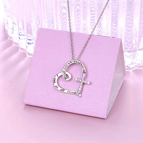 S925 Sterling Silver Christian Cross Heart Faith Bible Verse Necklace Rings - style: I can do all things through christ who strengthens me 1