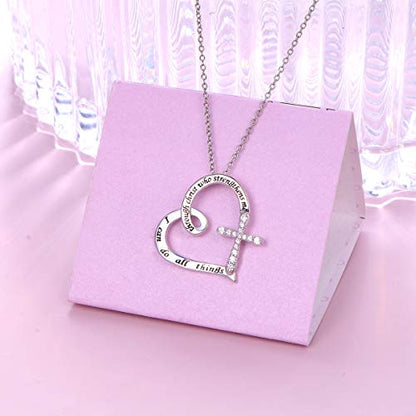S925 Sterling Silver Christian Cross Heart Faith Bible Verse Necklace Rings - style: I can do all things through christ who strengthens me 1