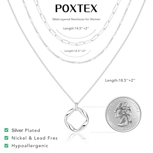 Poxtex Layered Gold Necklaces for Women, Stackable Dainty 14K Gold Silver Plated Trendy Simple Heart Diamond Cross Bow Circle Pendant Paperclip Choker Dot Chain Necklace,Jewelry Set Gifts for Women - color: Silver, style: Circle1