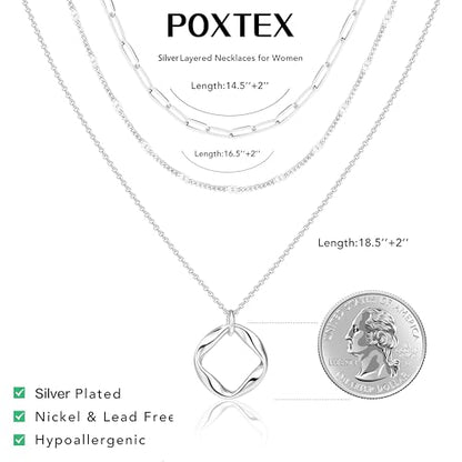 Poxtex Layered Gold Necklaces for Women, Stackable Dainty 14K Gold Silver Plated Trendy Simple Heart Diamond Cross Bow Circle Pendant Paperclip Choker Dot Chain Necklace,Jewelry Set Gifts for Women - color: Silver, style: Circle1