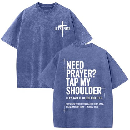 BINTEHGS Mens Christian T Shirts Need Prayer Tap My Shoulder Shirt Jesus Faith Oversized Graphic Tees God Acid Wash Tshirt - color: Blue, size: X-Large