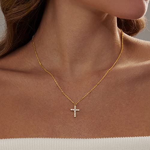 LULII Cross Necklace for Women Dainty 14K Gold Silver Plated Small Cross Pendant Choker Simple Cute Cross Gold Necklace for Women Trendy Faith Jewelry Gift - color: CZ Cross-Gold