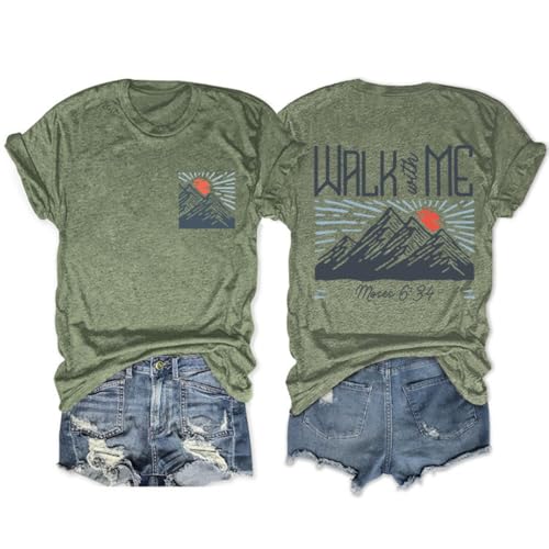 Women's Walk with Me Moses 6:34" T-Shirt Mountain Sunrise Christian Graphic Tee - color: Green, size: Medium