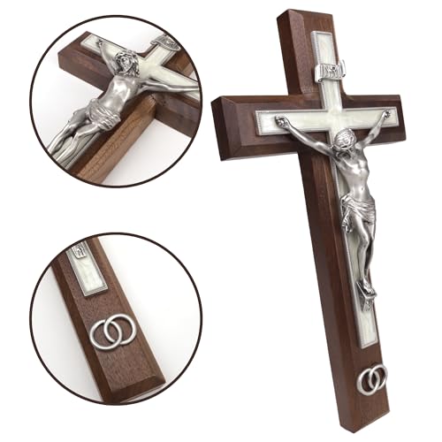 Needzo Walnut Wood Crucifix with Pewter Corpus and Wedding Rings, Marriage Gifts for Couples, Religious Ceremony, 10 Inches